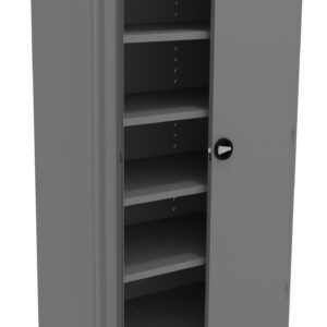 A gray metal storage cabinet with one door open, revealing five adjustable shelves inside. The cabinet has a simple, functional design with a round handle on the closed door.