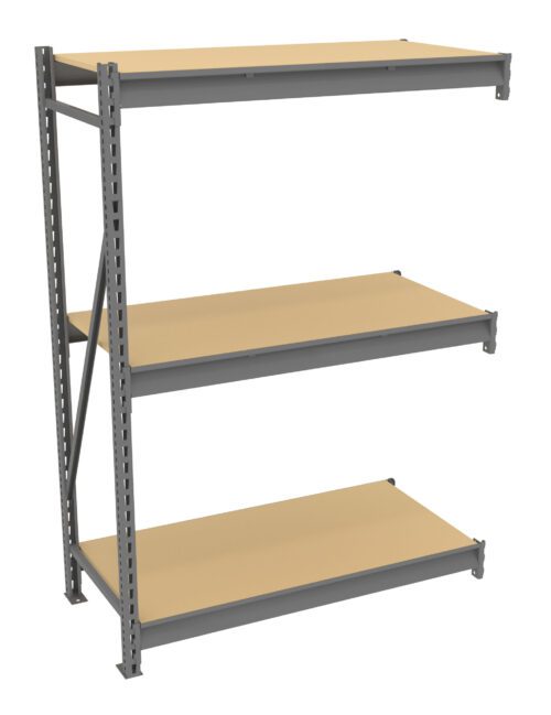 A three-tier metal shelving unit with beige shelves. The shelves are evenly spaced, with a sturdy frame and a support bar on one side. The design is industrial, suitable for storage or organization. The background is plain white.