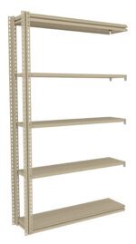 Metal shelving unit with five adjustable shelves, evenly spaced. It features a neutral beige color with a perforated side rail design for customization. The shelves are empty and positioned against a plain white background.