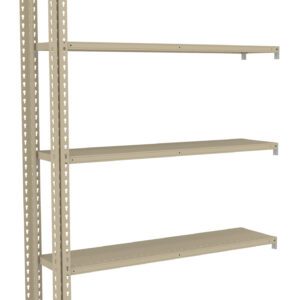 Metal shelving unit with five adjustable shelves, evenly spaced. It features a neutral beige color with a perforated side rail design for customization. The shelves are empty and positioned against a plain white background.