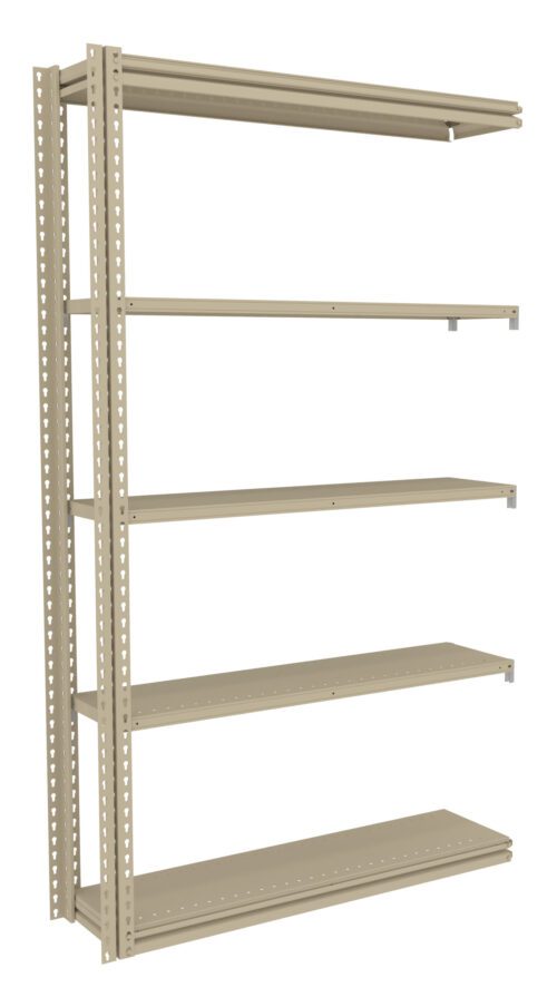 mpj5jilhg3rzk8rkkr8c.jpg Metal shelving unit with five adjustable shelves, evenly spaced. It features a neutral beige color with a perforated side rail design for customization. The shelves are empty and positioned against a plain white background.