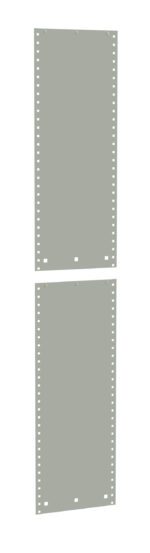 Two blank, light gray punched cards are aligned vertically. Each card has a series of small rectangular holes along the top, bottom, and sides, used for data storage or programming in early computers. The background is white.