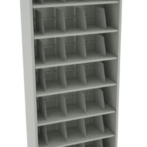 A tall, gray metal storage rack with multiple adjustable shelves and vertical dividers, designed for organizing items like cardboard or paper. The unit has eight levels, each with several sections for efficient storage.