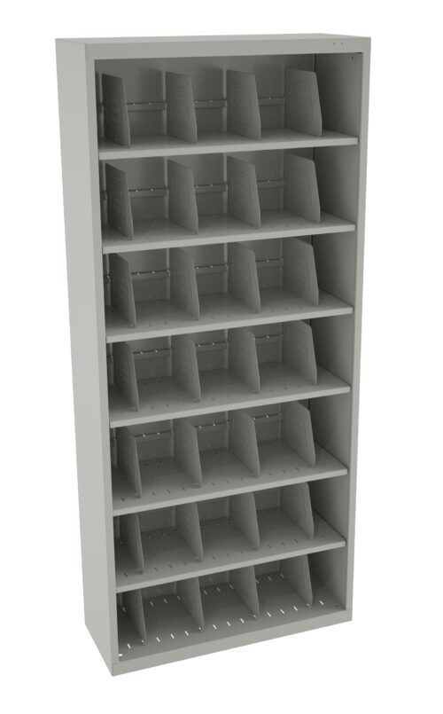 A tall, gray metal storage rack with multiple adjustable shelves and vertical dividers, designed for organizing items like cardboard or paper. The unit has eight levels, each with several sections for efficient storage.