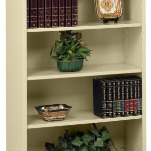 A beige bookshelf with four shelves. The top shelf holds brown leather-bound books and a decorative plate. The middle shelves feature a potted plant and a bowl. The bottom shelf contains more books and cascading green ivy.