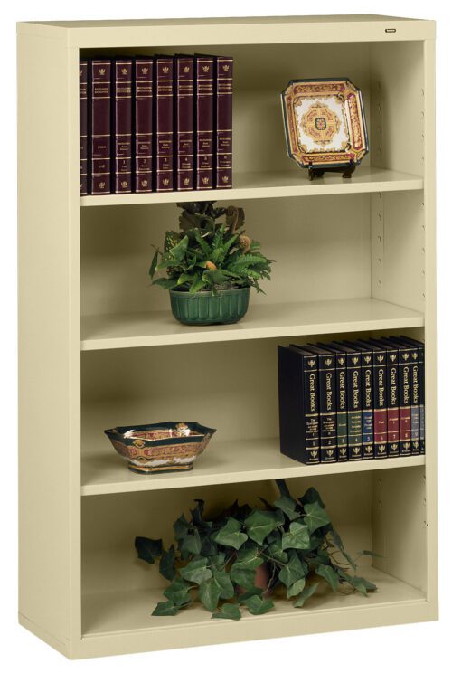 A beige bookshelf with four shelves. The top shelf holds brown leather-bound books and a decorative plate. The middle shelves feature a potted plant and a bowl. The bottom shelf contains more books and cascading green ivy.