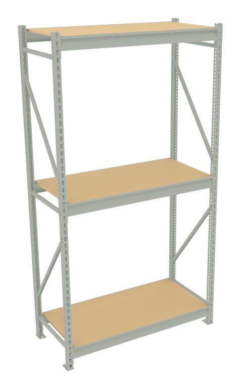 A metal shelving unit with three wooden shelves, set against a white background. The unit has vertical beams with evenly spaced holes for adjustable shelf heights. The design appears sturdy and industrial.