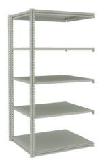 A tall, metal shelving unit with five flat, evenly spaced shelves. It is empty and has a minimalist design, suitable for storage in a warehouse, garage, or utility room. The unit is light gray in color.