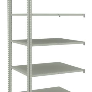 A tall, metal shelving unit with five flat, evenly spaced shelves. It is empty and has a minimalist design, suitable for storage in a warehouse, garage, or utility room. The unit is light gray in color.
