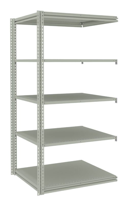 A tall, metal shelving unit with five flat, evenly spaced shelves. It is empty and has a minimalist design, suitable for storage in a warehouse, garage, or utility room. The unit is light gray in color.