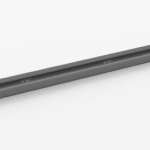 A long, thin metal rail with mounting holes, viewed diagonally against a plain white background. The rail has a smooth, gray surface and a slightly curved cross-section.
