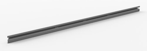 A long, thin metal rail with mounting holes, viewed diagonally against a plain white background. The rail has a smooth, gray surface and a slightly curved cross-section.
