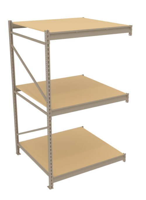 A three-tier metal storage shelf with beige wooden panels is shown. The shelves are supported by vertical metal frames with holes, allowing height adjustment. The structure is simple and industrial in design.