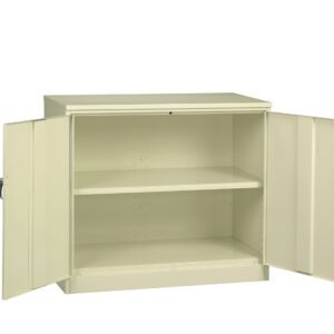 A beige metal cabinet with two open doors revealing two shelves inside. The cabinet has a simple design and appears to be empty.