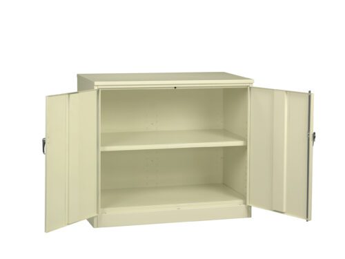 mr15eab3hh74km1w0k5d.jpg A beige metal cabinet with two open doors revealing two shelves inside. The cabinet has a simple design and appears to be empty.