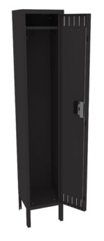 A tall, black metal locker with an open door, revealing an empty interior. The locker stands on four legs and has a lock on the door.