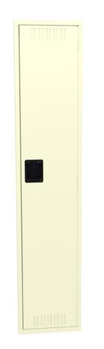 A tall, beige metal locker with a black rectangular handle in the center. The locker door has small ventilation slits at the top and bottom.