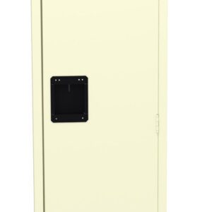 A tall, beige metal locker with a black rectangular handle in the center. The locker door has small ventilation slits at the top and bottom.