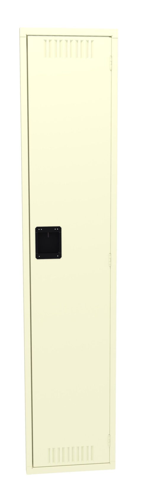A tall, beige metal locker with a black rectangular handle in the center. The locker door has small ventilation slits at the top and bottom.