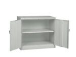 A plain gray metal cabinet with two open doors revealing two empty shelves. The cabinet has simple handles on each door and a smooth, unadorned exterior.