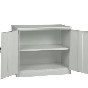A plain gray metal cabinet with two open doors revealing two empty shelves. The cabinet has simple handles on each door and a smooth, unadorned exterior.