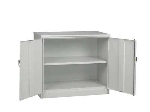 mrnmlogdb85mgbdbc1wx.jpg A plain gray metal cabinet with two open doors revealing two empty shelves. The cabinet has simple handles on each door and a smooth, unadorned exterior.