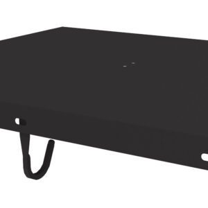 A black, flat surface with two holes on one side and a looped handle underneath. The design suggests it might be a component or accessory for mounting or securing objects.