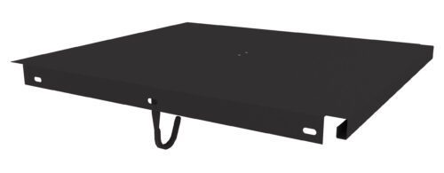 A black, flat surface with two holes on one side and a looped handle underneath. The design suggests it might be a component or accessory for mounting or securing objects.