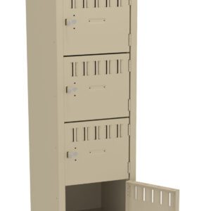A beige metal locker with four compartments. The bottom compartment is open, revealing an empty interior. Each section has a small ventilation grille and a lock.