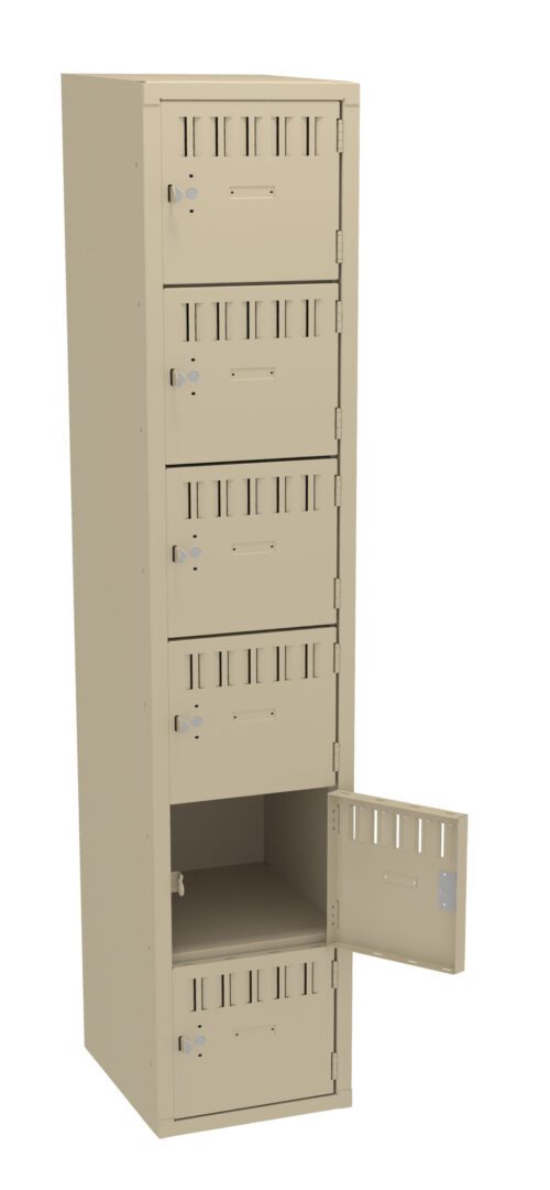 A beige metal locker with four compartments. The bottom compartment is open, revealing an empty interior. Each section has a small ventilation grille and a lock.