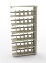 A beige industrial shelving unit with six adjustable shelves, each divided into multiple compartments by metal dividers, standing against a white background.