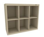 A beige, rectangular shelving unit with three vertical and two horizontal compartments, featuring adjustable slots for shelf customization. The unit is empty and displayed against a white background.