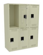 A beige metal locker unit with six compartments, arranged in two rows, resembles parcel lockers. The top middle door is ajar, revealing an empty interior. Each door features ventilation slits and a sleek black handle.