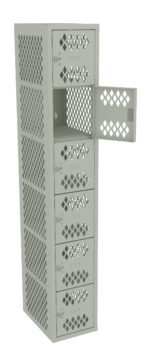 A tall, light gray metal locker with a hatch design on the doors. The locker has multiple compartments arranged vertically, with one door open, revealing an empty space inside.
