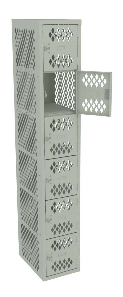 mt0ni66algyphilktsfp.jpg A tall, light gray metal locker with a hatch design on the doors. The locker has multiple compartments arranged vertically, with one door open, revealing an empty space inside.