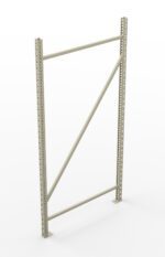 A metal shelving frame with two vertical beams, a diagonal support bar, and multiple holes for shelving adjustment, standing on a white background.