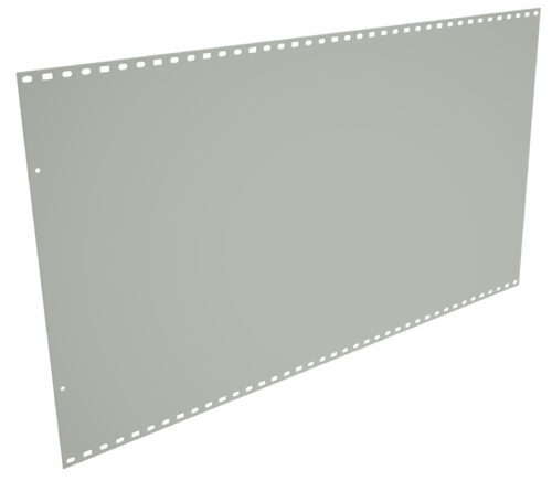 A rectangular sheet with evenly spaced square holes around its edges. The sheet is positioned at an angle against a plain white background.