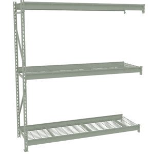 A metal shelving unit with three wire mesh shelves. The frame is light gray with a simple, industrial design, and its set against a plain white background.