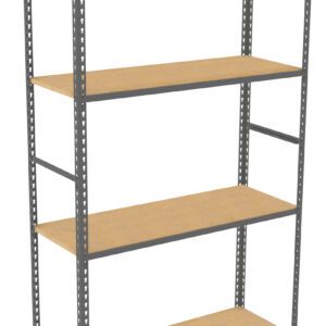 A metal-frame shelving unit with four wooden shelves. The shelves are evenly spaced within a sturdy, gray metal frame featuring perforated beams on the vertical sides for adjustable shelf height. The design is simple and practical.
