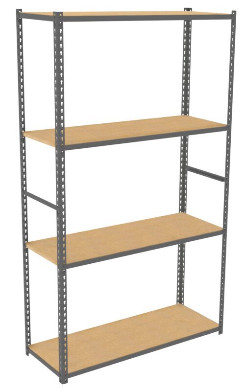mthmteahgtgavaju73ia.jpg A metal-frame shelving unit with four wooden shelves. The shelves are evenly spaced within a sturdy, gray metal frame featuring perforated beams on the vertical sides for adjustable shelf height. The design is simple and practical.