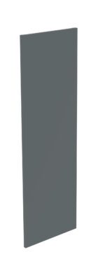 A tall, flat, rectangular panel with a dark gray surface, standing upright against a white background.