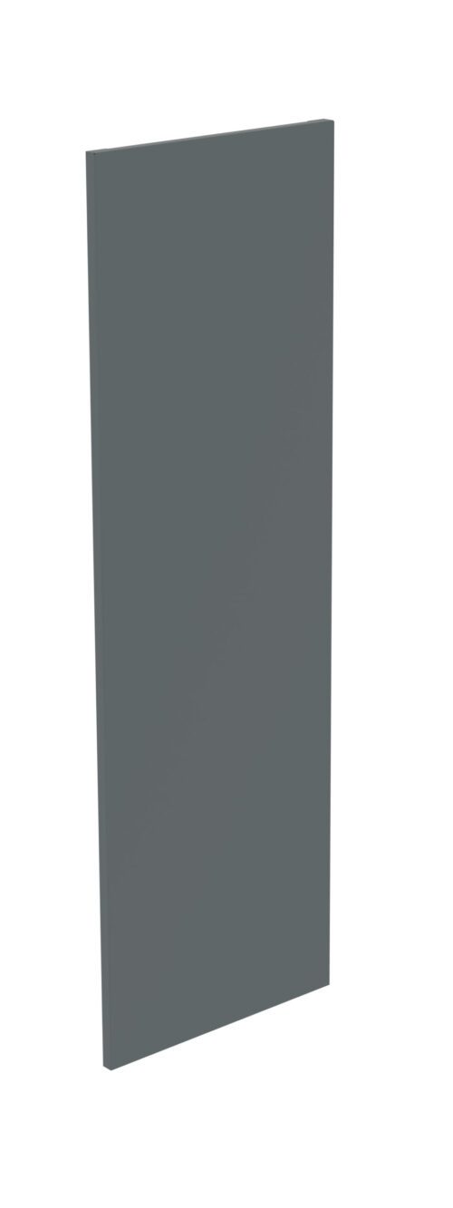 A tall, flat, rectangular panel with a dark gray surface, standing upright against a white background.