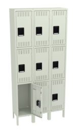 A white metal locker unit with nine compartments is shown. One locker door is open, revealing an empty interior. Each locker has a black rectangular handle and ventilation slots. The unit stands on four metal legs.
