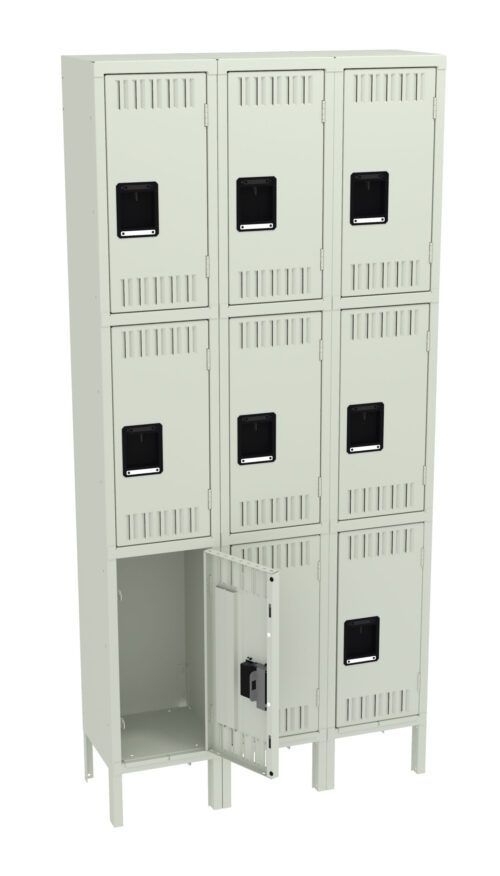 A white metal locker unit with nine compartments is shown. One locker door is open, revealing an empty interior. Each locker has a black rectangular handle and ventilation slots. The unit stands on four metal legs.