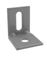 A gray metal L-bracket with two holes: one circular hole on the base and an elongated oval hole on the upright section. The bracket is used for securing objects at a right angle.