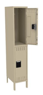 An open beige metal locker with two compartments, one door open and one closed. The interior reveals hooks and a shelf. The locker stands on four legs.