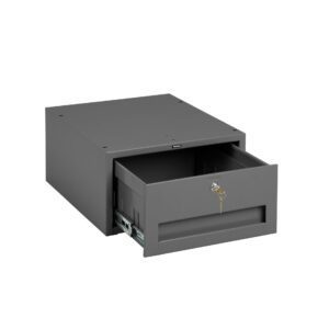 A gray metal storage box with a lockable front drawer, slightly open. The interior appears empty, and the key is inserted into the lock on the drawer. The box has a simple, utilitarian design.