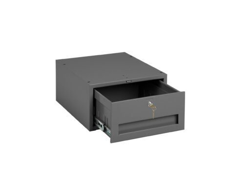 A gray metal storage box with a lockable front drawer, slightly open. The interior appears empty, and the key is inserted into the lock on the drawer. The box has a simple, utilitarian design.