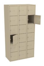 A beige metal locker with three columns and five rows of compartments. Some doors are slightly open, revealing empty spaces inside. Each compartment has a handle and a nameplate holder.