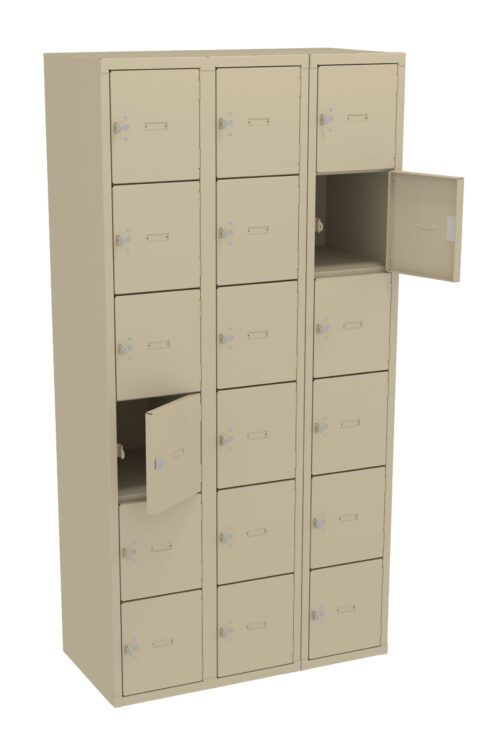 A beige metal locker with three columns and five rows of compartments. Some doors are slightly open, revealing empty spaces inside. Each compartment has a handle and a nameplate holder.